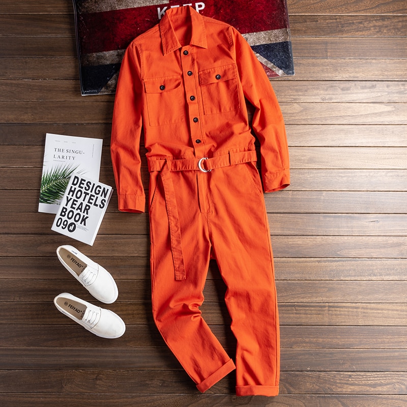 Mono de manga larga con solapa para hombre, peto holgado informal de Hip Hop con múltiples bolsillos, cómodo, color naranja y rojo, novedad de