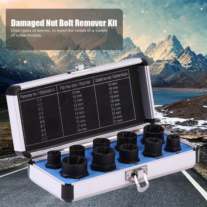 10pcs 9-19mm Damaged Nut Bolt Remover Kit Stud Extractor Broken Bolt Screw Remover Hand Tools Set Threading Tools Kit