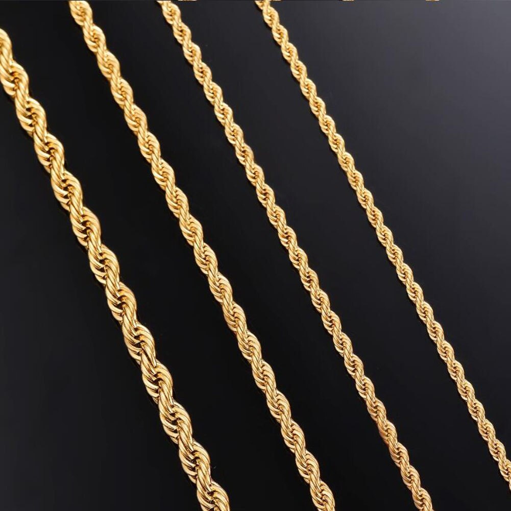 Cadena de eslabones de cuerda trenzada de 2mm/2,5mm/3mm/4mm/5mm/6mm de ancho, collar de Color dorado para hombres y mujeres, collar de cadena de acero inoxidable, joyería