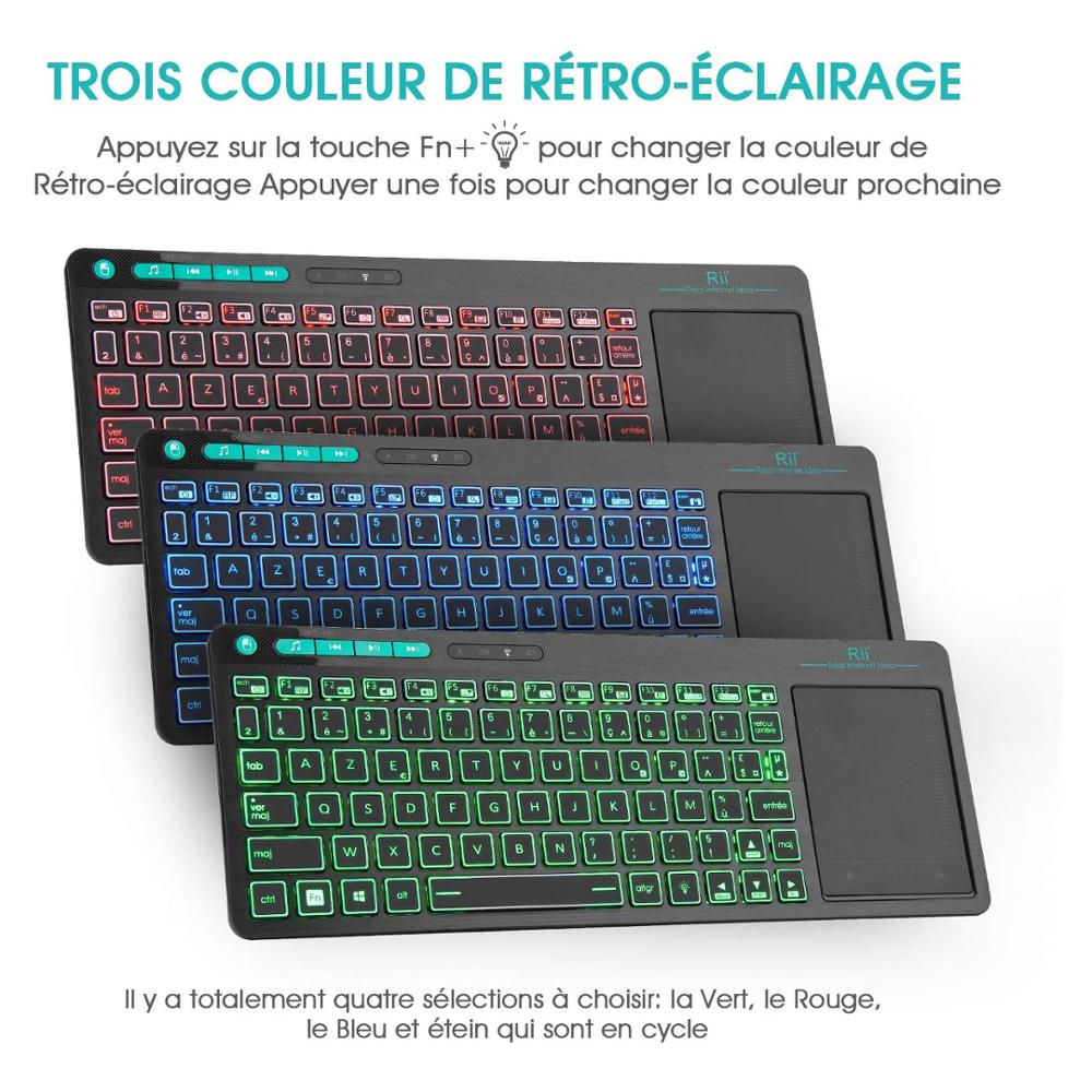 Rii K18 Plus Wireless Multimedia French AZERTY Keyboard 3-LED Color Backlit with Multi-Touch for TV Box,PC