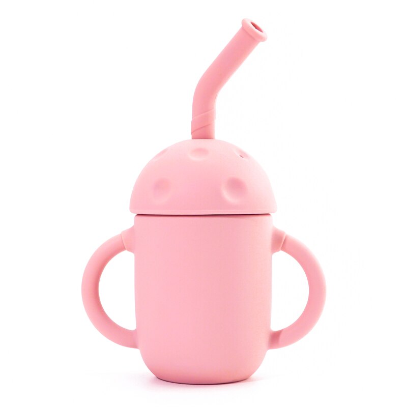Tasse à champignon en Silicone pour enfants, avec paille, à Double poignée, isolation thermique, en Silicone souple, facile à nettoyer: 008-blush pink