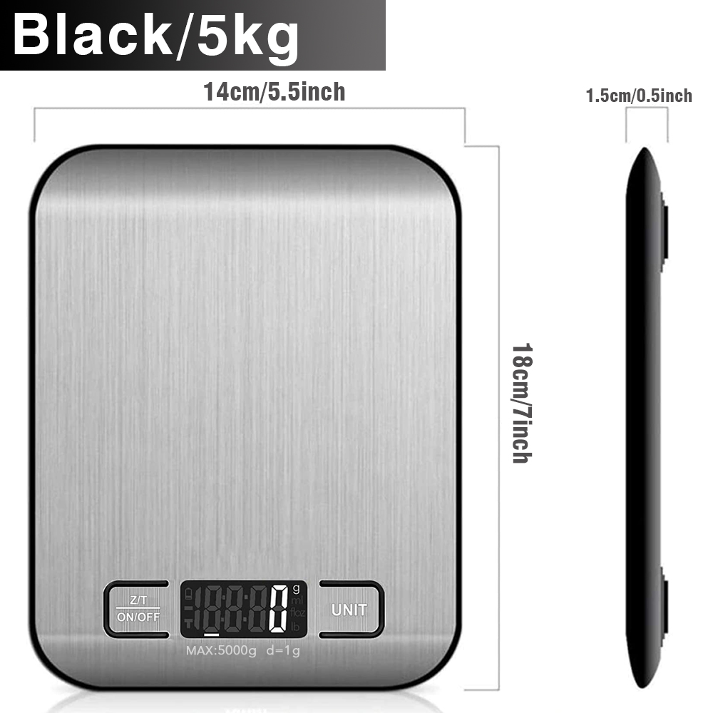 Kitchen Scale Digital Multi-function Stainless Steel Weighing Scale with LCD Display 5KG Electronic Scales Measuring: 5kg black