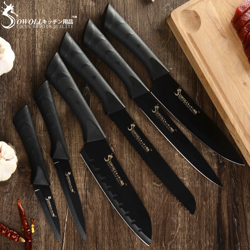 Sowoll 6 stk/sæt rustfrit stål køkkenknive sæt skarp sort klinge brødkniv kød fiskekløver kokkekniv sæt kogeværktøj