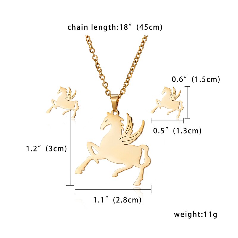 Rinhoo Cute Cat Pig Horse Gold Color Stainless Steel Sets Pineapple Heart Deer Necklace Earrings Jewelry Set Wedding Jewelry: horse