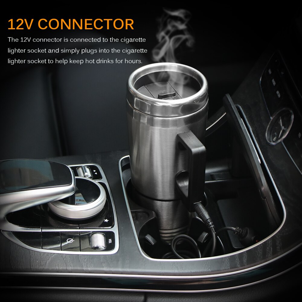 ALOMN 450ML Stainless Steel Cup Kettle Travel Coffee Mug Portable Electric Car Water Keep Warmer Kettle + Cigar Lighter Cable