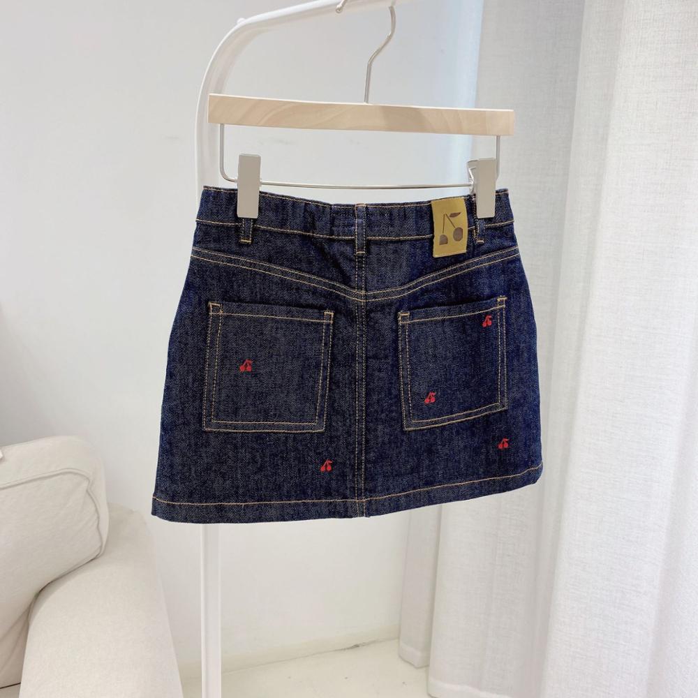 Efterår piger nederdel mørk marineblå farve broderet rød kirsebær mønster piger denim nederdel presell 12th oktober skib