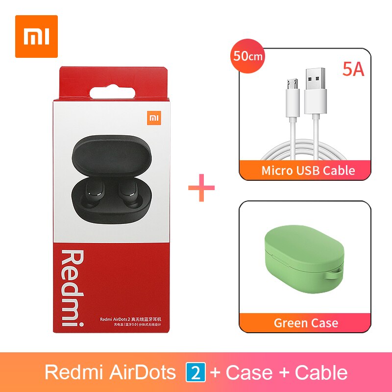 Xiaomi-auriculares inalámbricos Redmi AirDots S Redmi AirDots 2 TWS, originales, Bluetooth 5,0, reducción de ruido con micrófono, enlace automático: 2AddCableGreenCase