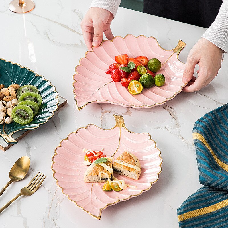 Luxus Keramik Teller Ablage mit Gold Rand Grün Blatt Gold Feder Schmuck machen-hoch Pinsel Lagerung Dekorative Sushi Platte