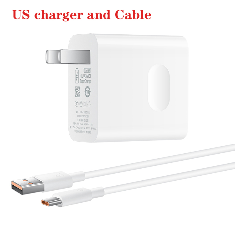 Huawei SuperCharge Nova9 pro P50 66W Quick Charger 10V/4A EU/US Adapter 6A Type-C Cable For Mate40 RS Honor 60 50 SE V40 Laptop: US and cable