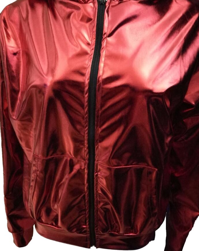 de chaquetas sueltas de baile con cremallera y empalme de jazz para mujeres y hombres, unisex, de color dorado y plateado, ropa de rendimiento superior brillante: Rojo / L