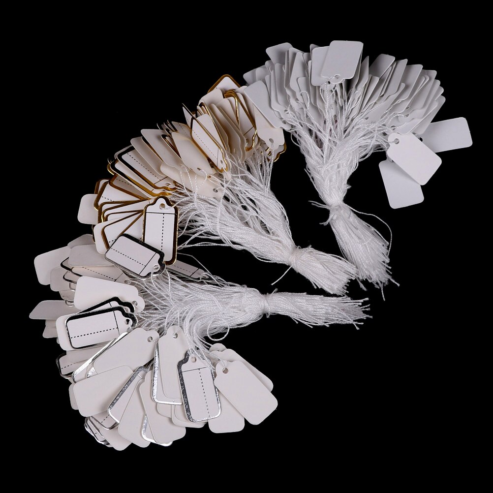 100 stks/partij Rechthoekige Label Tie String Sieraden Kleding Display Merchandise Prijs Tags Wit/Zilver/Goud 25*13mm