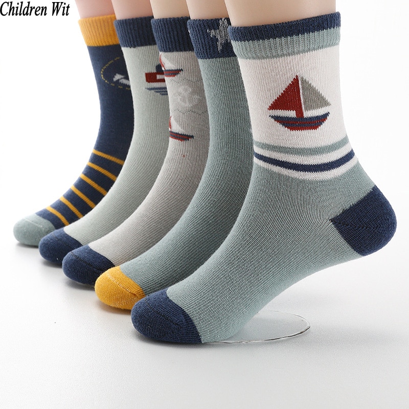 Children Wit Autumn And Winter Kids Socks Cotton Cute Sailboat Pattern Boys Girls Socks 3-12 Year Student socks 5 Pairs