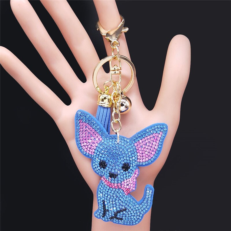 Chihuahua Dog Crystal Bag Accessories for Women Yellow Gold Color Keyring Jewelry llaveros para mujer K2502S01: BU lan