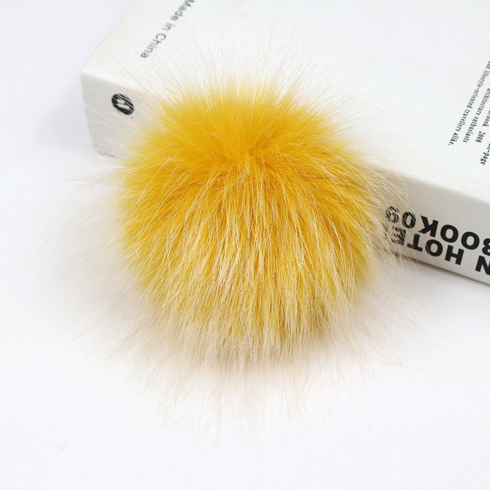 DIY Women Faux Raccoon Fur Pom Poms Ball for Knitting Beanie Hats Accessories Soft Hat Decoration with Buckle Hairball: Yellow With Rope