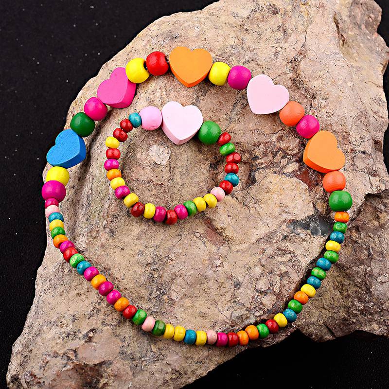 1Set Lovely Girl's Wooden Necklaces Lovely Colorful Heart Shape Beads Necklace&Bracelet Jewellery Set Birthday CS26