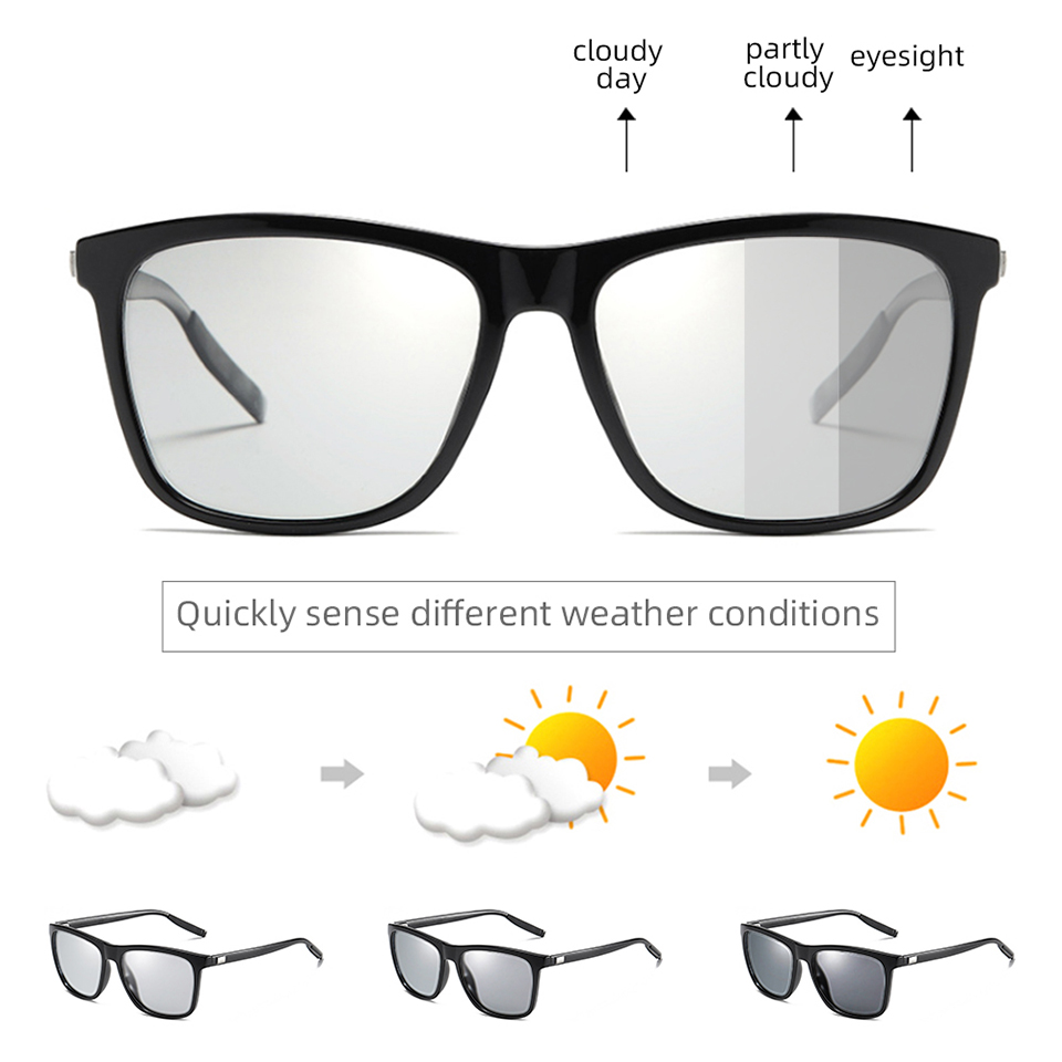NONOR Color Change Grey Frame Photochromic Polarized Sunglasses Men Square Classic Chameleon Glaases Transition Lens Eyewear