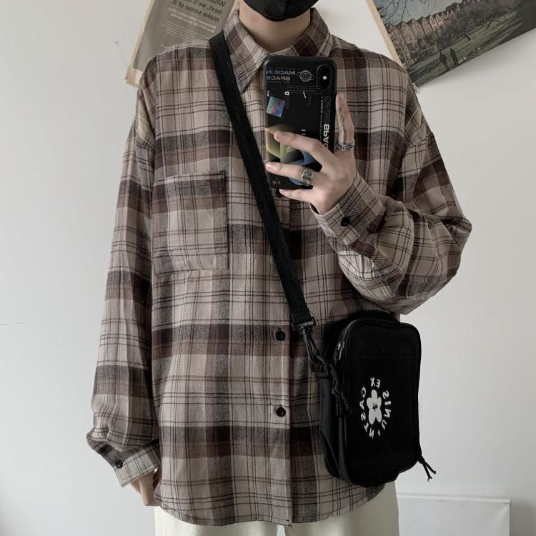 Våren bomulls rutig skjorta herr retro brun fritidsskjorta herr streetwear vilda lösa långärmade skjortor herr m-xl: L