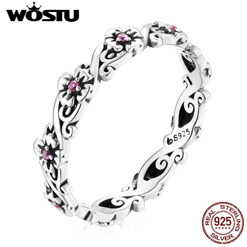 WOSTU 925 Sterling Sliver rozmiar Vintage wytłaczany wzór Rose Red Flower cyrkon pierścienie dla kobiet kobieta oryginalna biżuteria CTR235