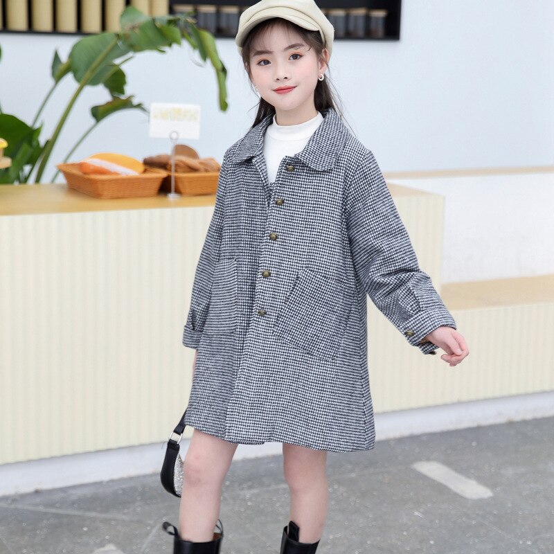 Manteau en laine à carreaux pour filles, vêtements d'extérieur à col tournant, veste solide inclinée pour enfants et adolescents, printemps automne