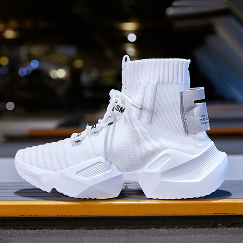 Kvinder vulkaniserede sneakers høj top platformsok støvler far sko kvinde tyk sål mesh åndbar sorte damesko: Hvid / 37