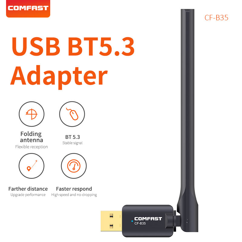 Comfast USB Bluetooth 5.3 Dongle Black Antenna Adapter for PC Laptop Wireless Speaker Audio Receiver USB Transmitter CF-B35