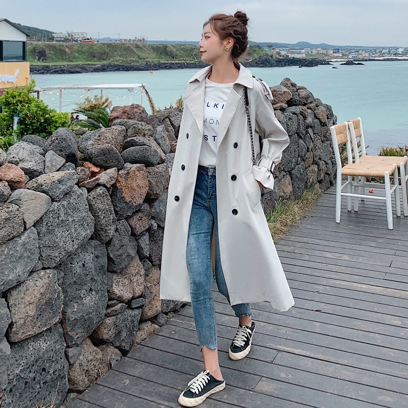 Double-Breasted Women Trench Coat Long Belted Slim Lady Duster Coat Cloak Female Outerwear Spring Autumn Clothes: Beige / XS