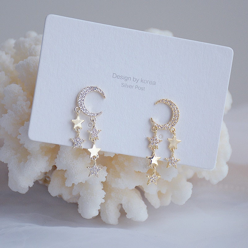 Korean Luxury Charm Star Moon Tassel Earring 14K Real Gold Pave Inlaid Zircon Stud Earring Anniversary Birthday Jewelry