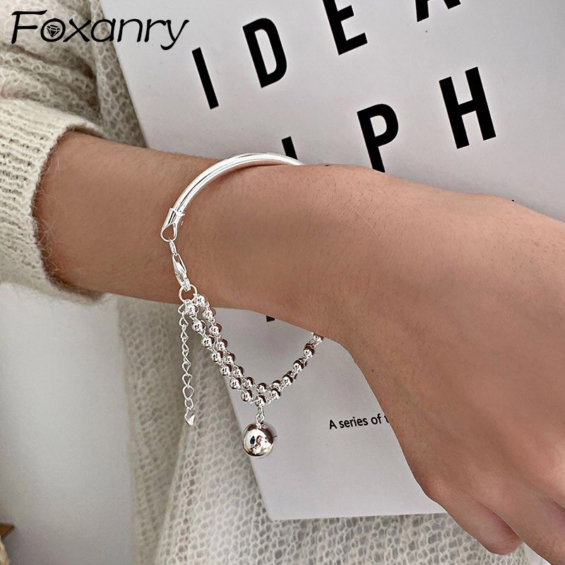 Foxanry primavera novo 925 selo pulseira moda criativo grânulo corrente borla pingente artesanal casamento noiva jóias presentes