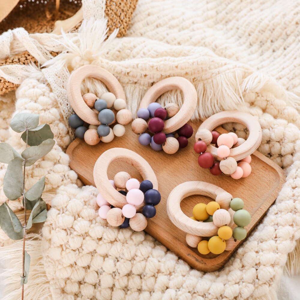1pc Baby BeißRing Spielzeug BPA Frei Holz Armbinde Buche Ring Silikon Perlen Runde Kante BeißRing Für Neugeborene Baby spielzeug