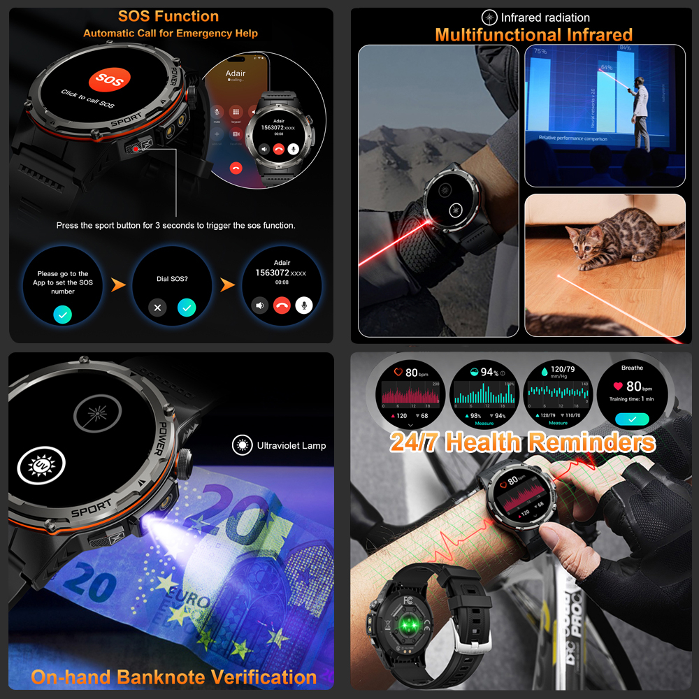 2025 novo relógio inteligente militar masculino ip68 à prova dip68 água esportes ao ar livre rastreador de fitness monitor saúde bt chamada 365nm uv + infravermelho