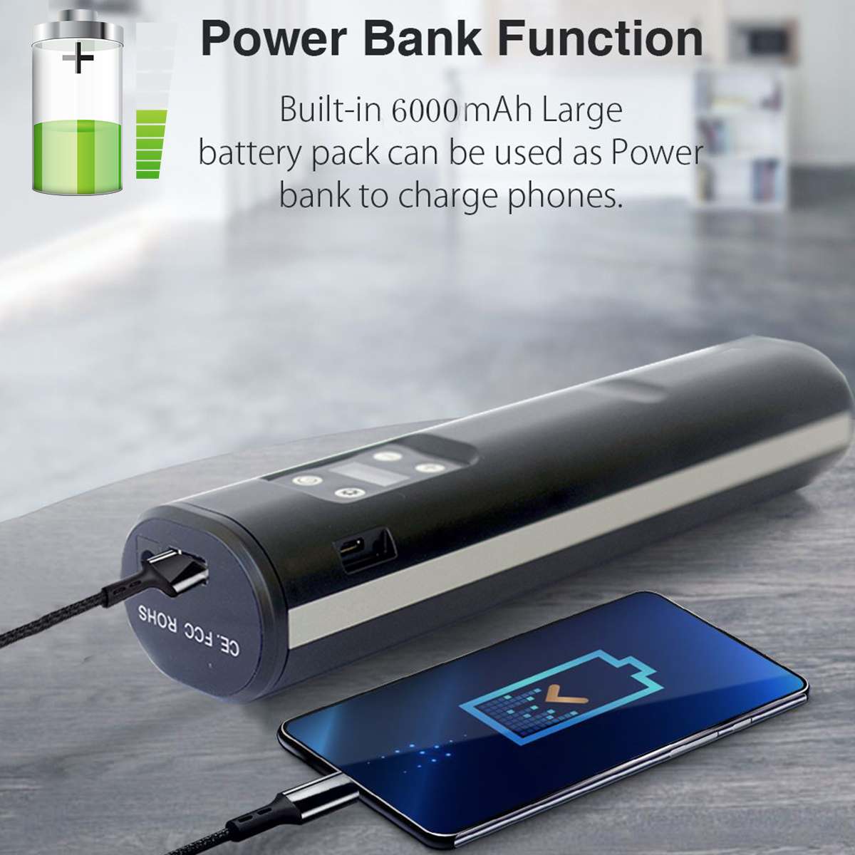 6000mAh Cordless Air Pump 12V 150PSI USB Rechargeable Portable Air Compressor Pump LED Power Bank Digital Tyre Inflator