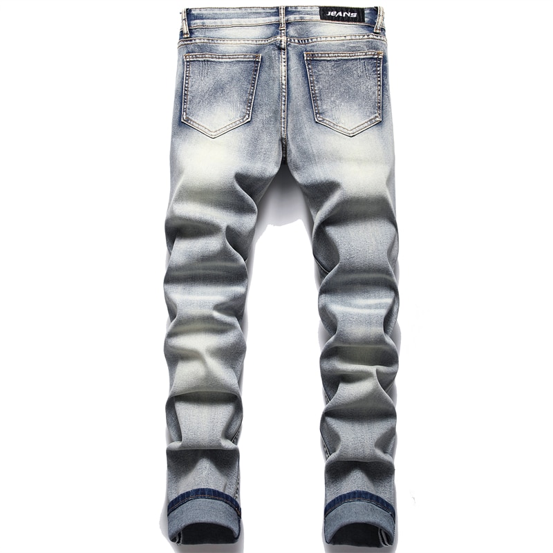 Pantalones vaqueros Retro azules rasgados para hombre, pantalones ajustados elásticos de , versátiles, con estampado de barba de gato