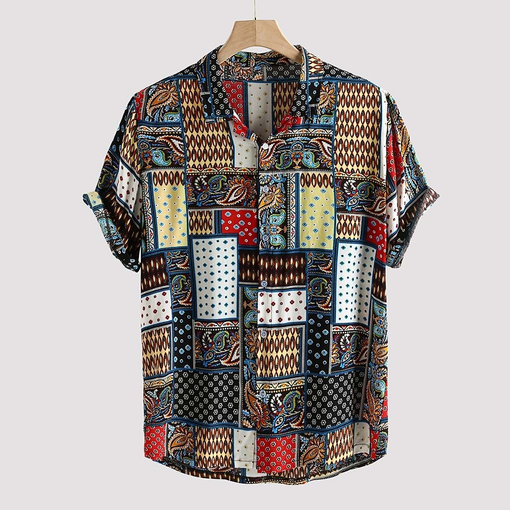 KLV man blouses Cotton tunic Mens Vintage Ethnic Style Printing Loose Short Sleeve Stand Collar Casual Shirt