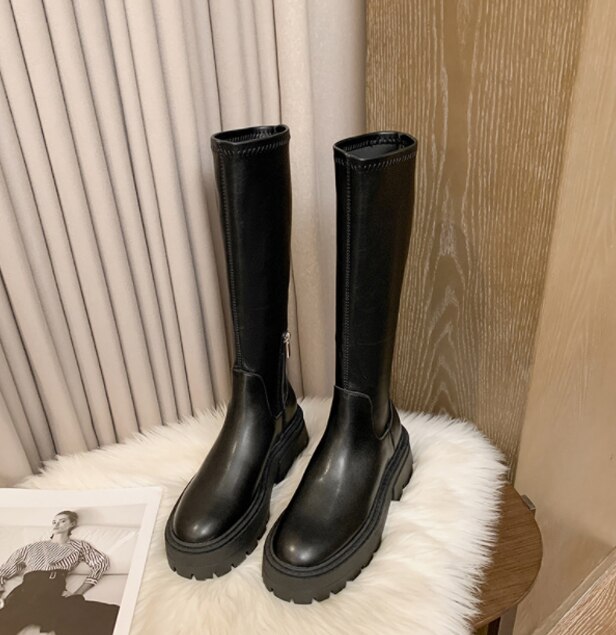 Bottes longues au dessus du genou pour femmes, chaussures de luxe à la , en fourrure chaude, à plateforme, à enfiler, hiver