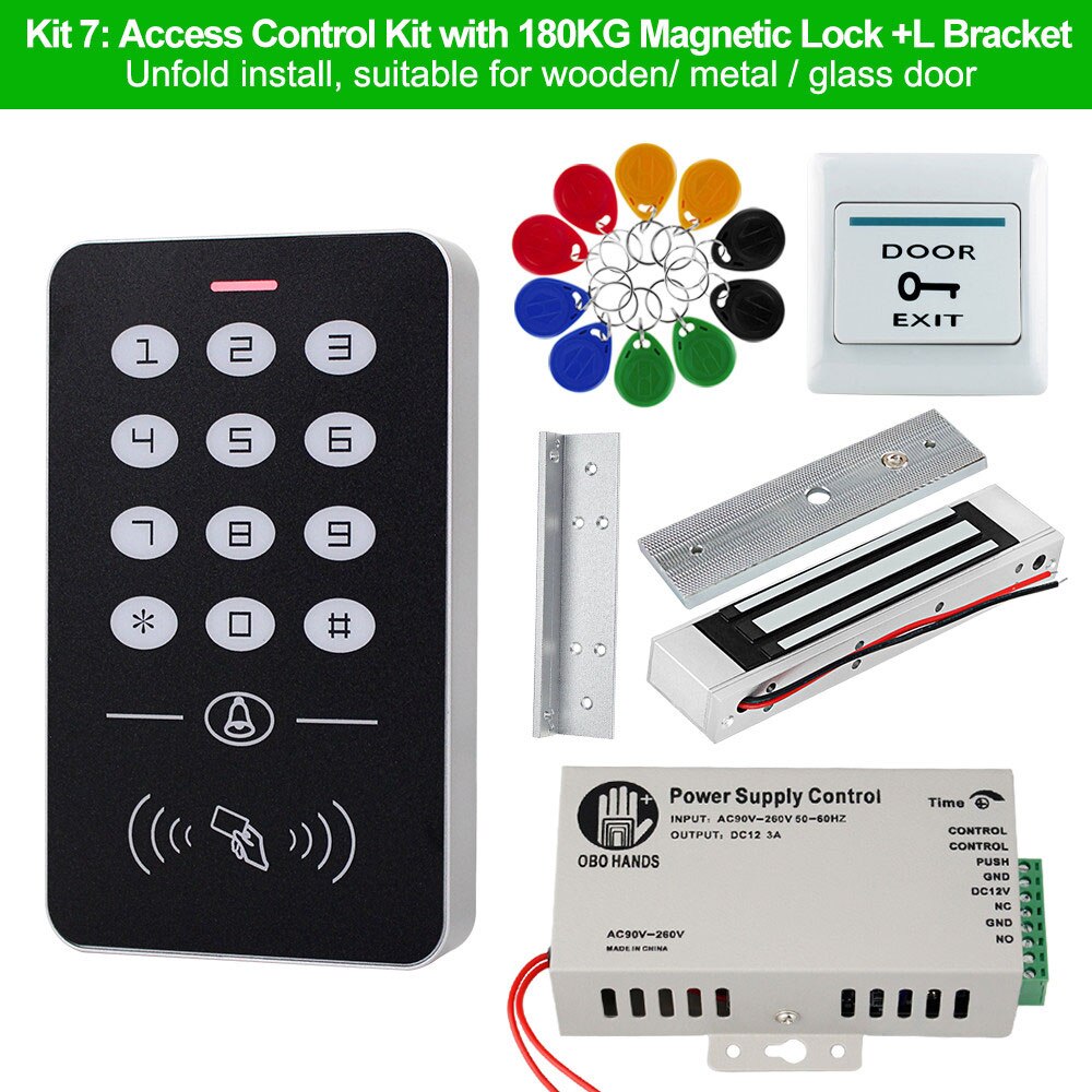 OBO Door Access Control System RFID Keypad EM Card Reader + Power Supply + Electronic Magnetic Lock Bolt Strike Locks for Home