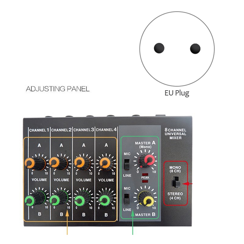 MIX-428 o Mixer 8-Channel o Mixer, pequeño expansor mezclador integrado para instrumentos musicales micrófono (enchufe de la UE)