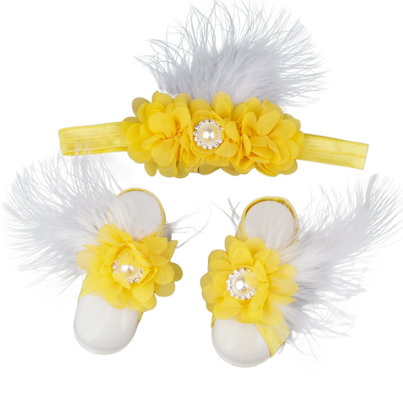 Baby Girls Flower Sandal Headband Elastic Hairband & Toddler Barefoot Sandals Cute 1 Pair Infant Photo Prop Set