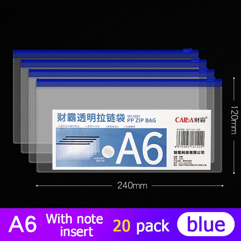 20Pcs Bestand Houder Transparant Plastic Informatie Tas A5 Rits Grote Capaciteit Boek Tas A4 Briefpapier Student Office Bestand Zak: A6 blue