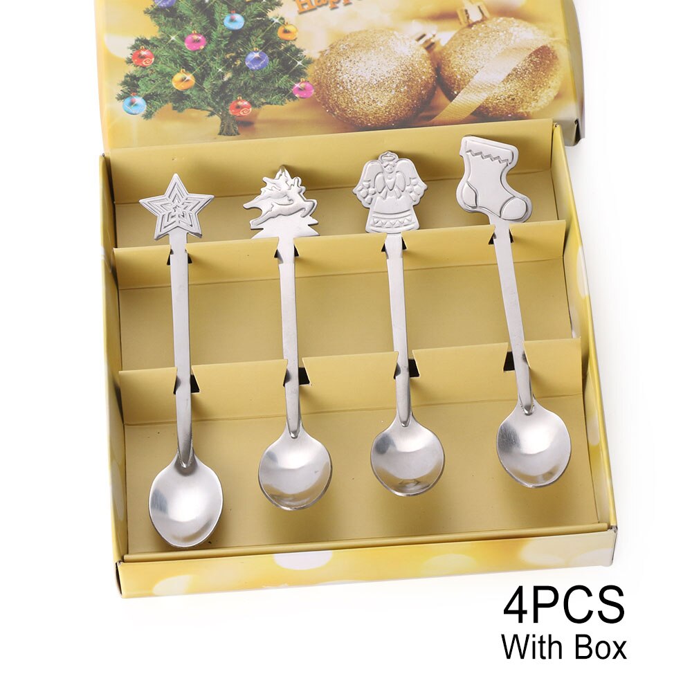 4 stk / sæt julebordservice kaffeskeer rustfrit stål is desserter ske snemand juletræ børn drikker scoops: 4 stk med kasse