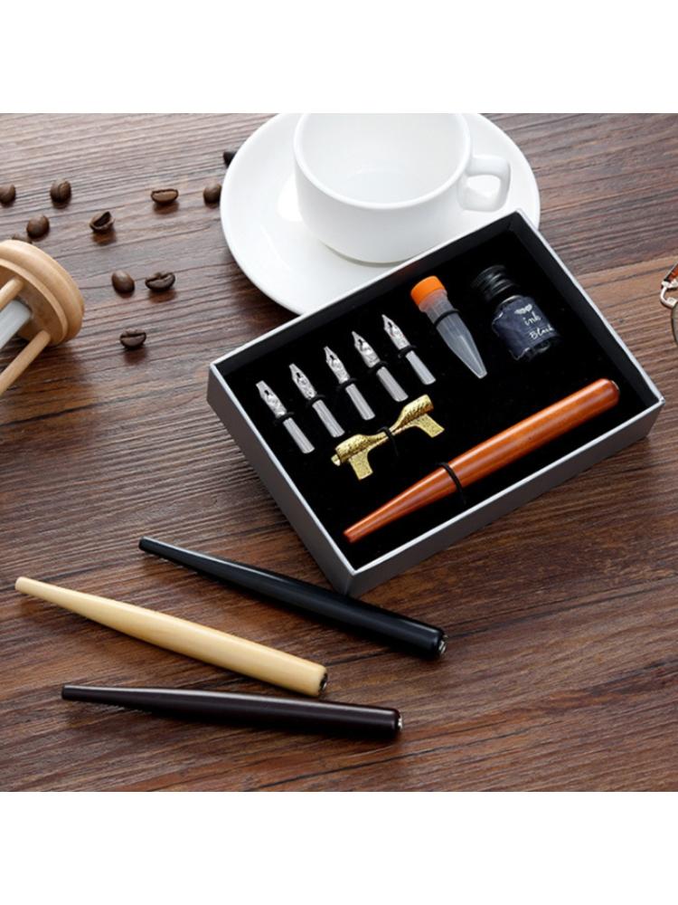 Calligraphy Fountain Dip Pen + 5 Nibs Ink Kit Box for Lettering Sketching