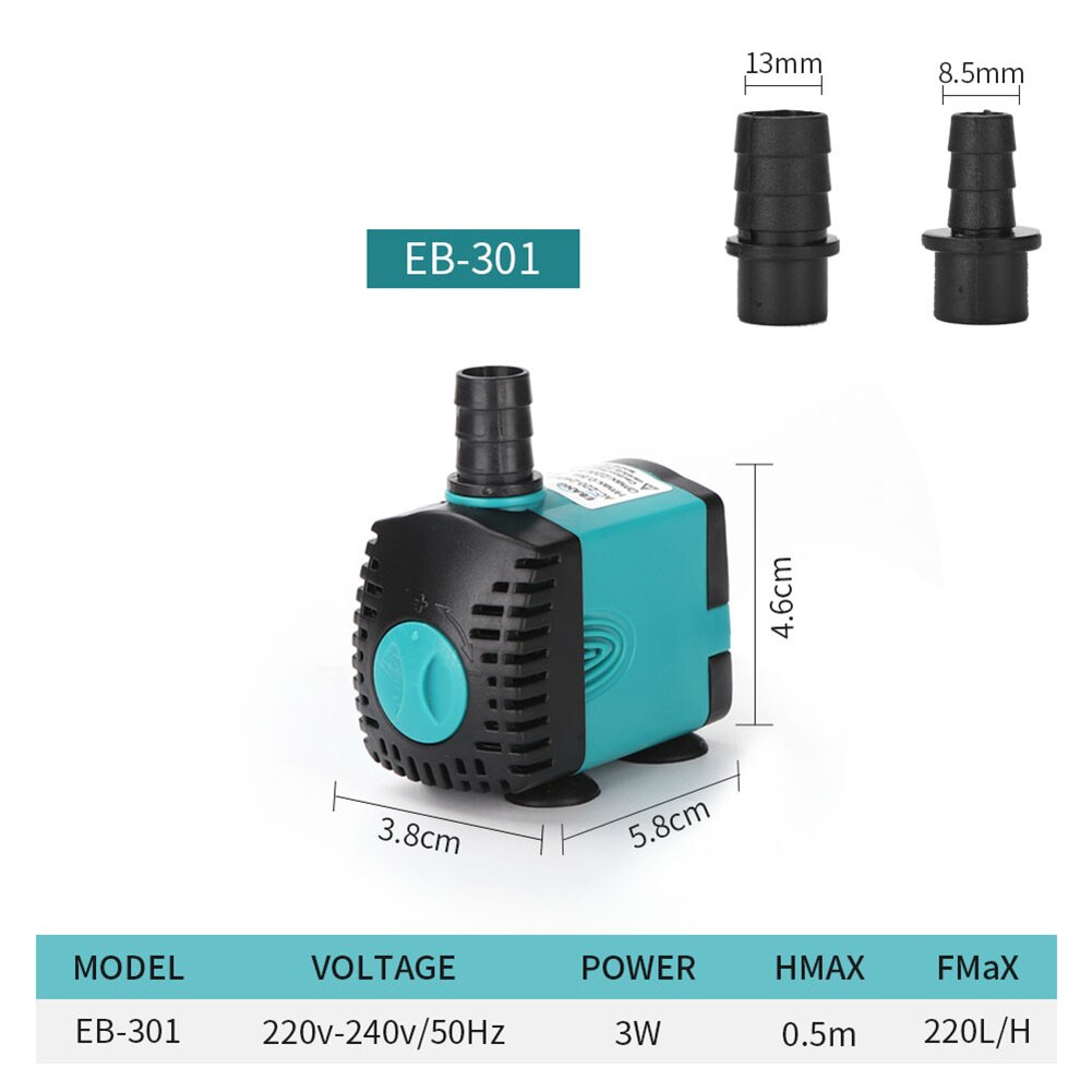 220V-240V Low Power Consumption Submersible Pump Aquarium Fish Tank Water-cooled Filter Plastic Water Pumps Submersible Pump: EB 301