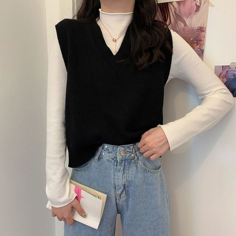 Sweater Vest Women V-neck Solid Knitted All-match Office Ladies Sleeveless Outwear Popular Soft Chic Leisure Korean