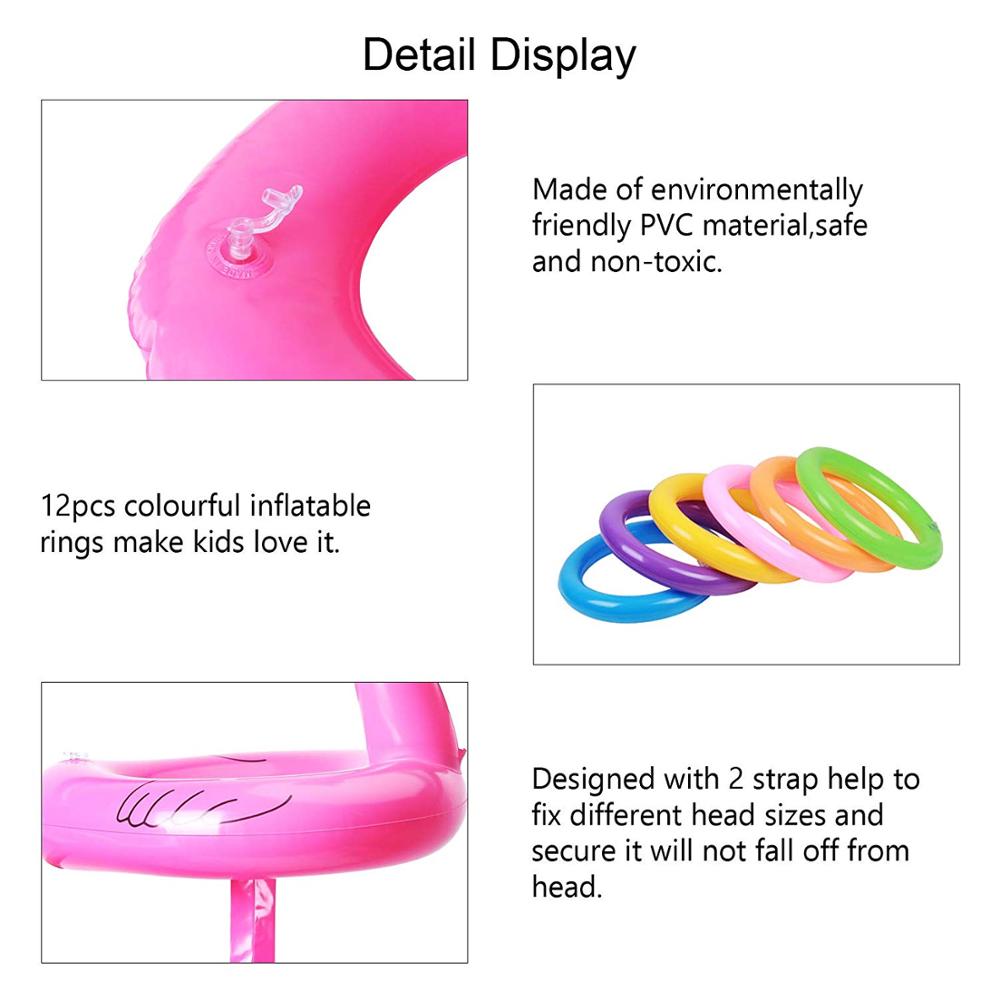 Inflatable Flamingo Hat, Inflatable Flamingo Head with 6pcs Rings Toss Game for Hawaii Luau Game Family Reunion Summer Party Dec
