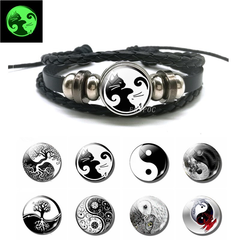 Mode Mannen Yin Yang Kat Lichtgevende Glazen Cabochon Drukknoop Armband Glow in Dark Yin Yang Zwart Lederen Armband