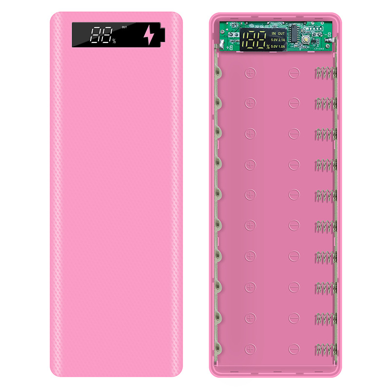 DIY Powerbank Case - Dual USB 10x18650 Batterijhouder - Digitale Display Snellader: Roze