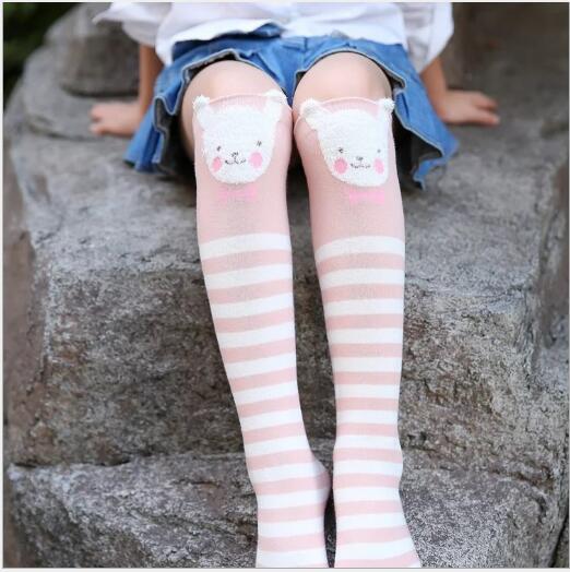 Nuovi cartoni animati dritti per bambini primavera e autunno calzini sopra il ginocchio orecchio Stereo ragazze gamba riscalda calzini per bambini: strip pink rabbit