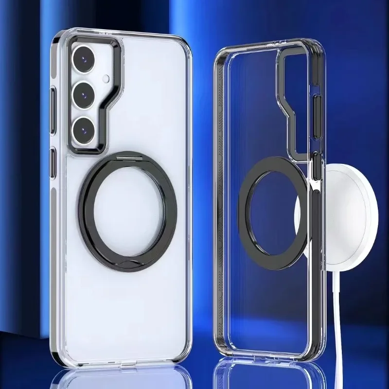 Magnetische Saugnapf-Handyhülle mit drehbarer Halterung für Samsung Galaxis S24 S23 Ultra Plus, transparente, stoßfeste Kunststoff-Konservierungsabdeckung: Eva / Beige