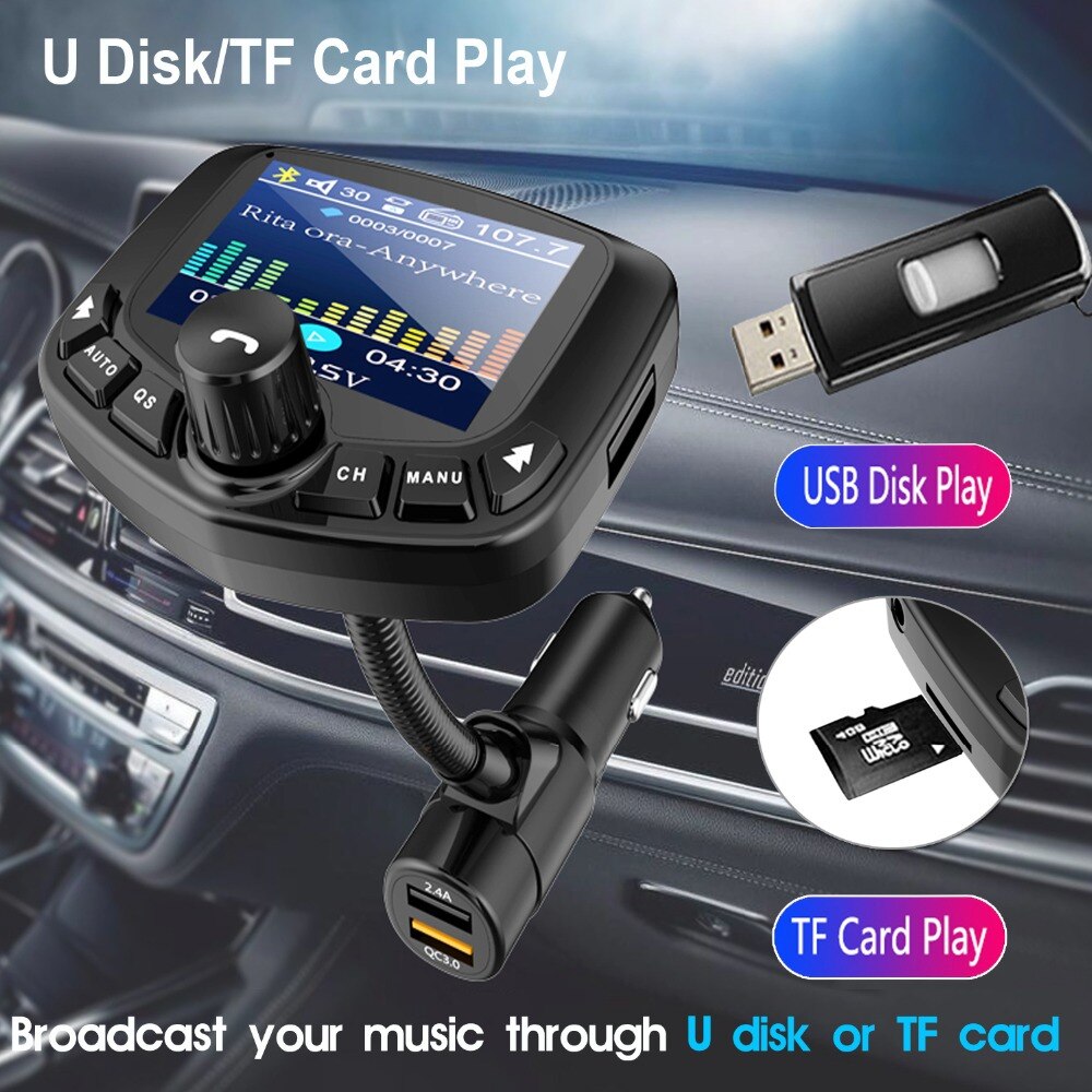Bluetooth MP3 Spieler FM Sender Modulator Fahrzeug 3 USB Hafen AUX Hafen QC 3,0 TF Karte Mit 1,8 Zoll bildschirm