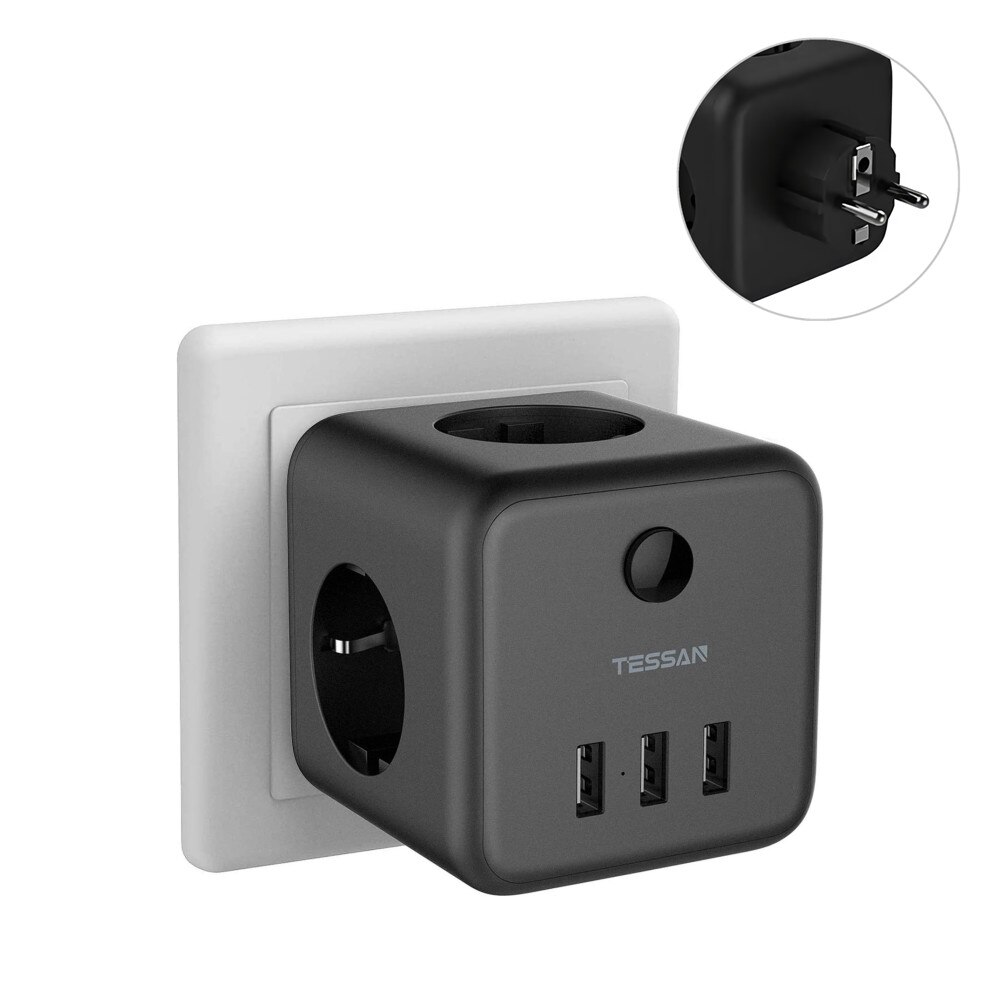 TESSAN Power Strip EU Socket Travel Power Strip with 3 AC Outlets and 3 USB Charging Ports On/Off Switch 1.5m/5ft Extension Cord: TS-301-DE-BK