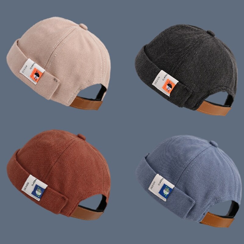 Retro Solid Color Beanie Docker Cap Rolled Cuff Brimless Label Hip Hop Skull Hat Y1AC